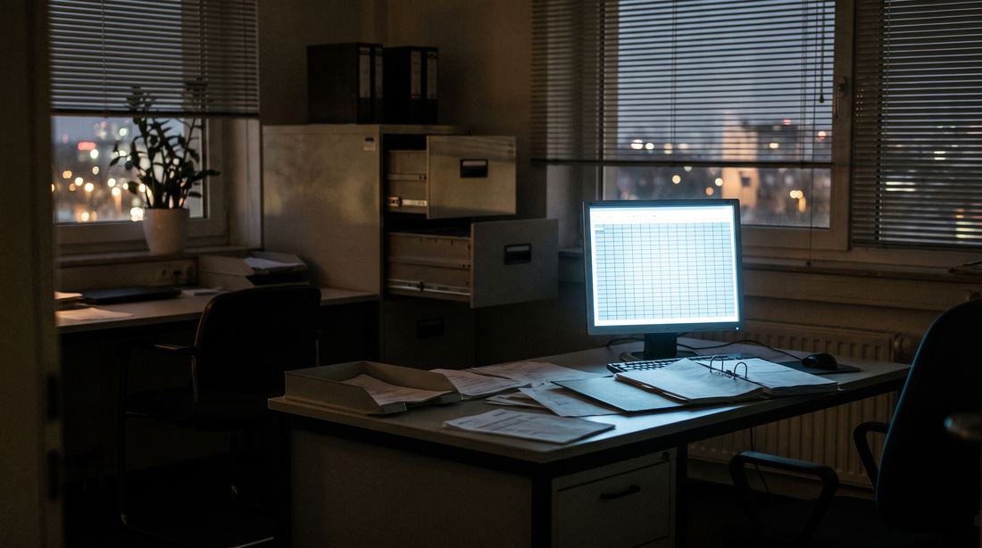 Verlassenes Büro am Abend, ein Bildschirm leuchtet